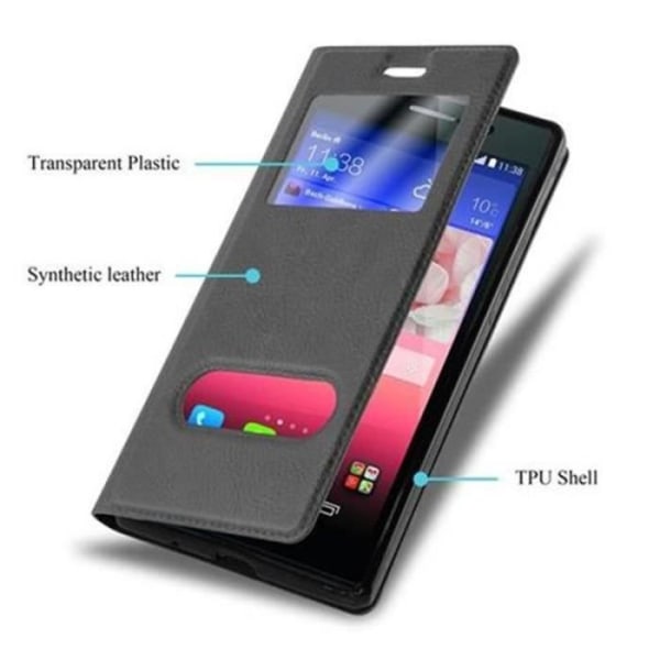 Cadorabo Huawei P7 Fodral BLACK COMET VIEW Magnetisk skyddsfodral Fodral stöder stativ och fönster