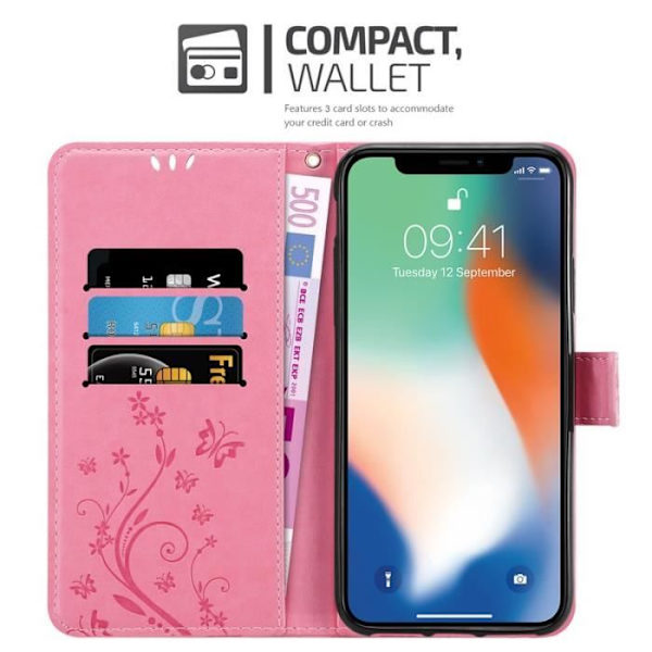 Fodral till iPhone XS - CADORABO - Blommönster - Imiterat läder - 3 kortplatser - Rosa Rosa