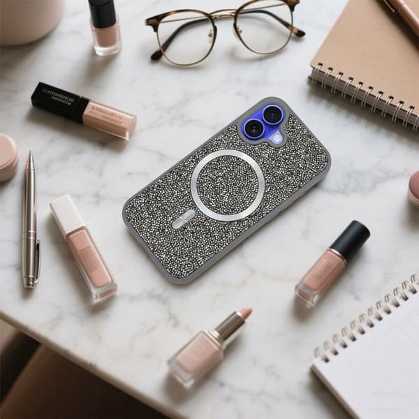 iPhone 16-fodral i GRÅ Stötsäker Magsafe-kompatibel med diamantglitterstil Grå