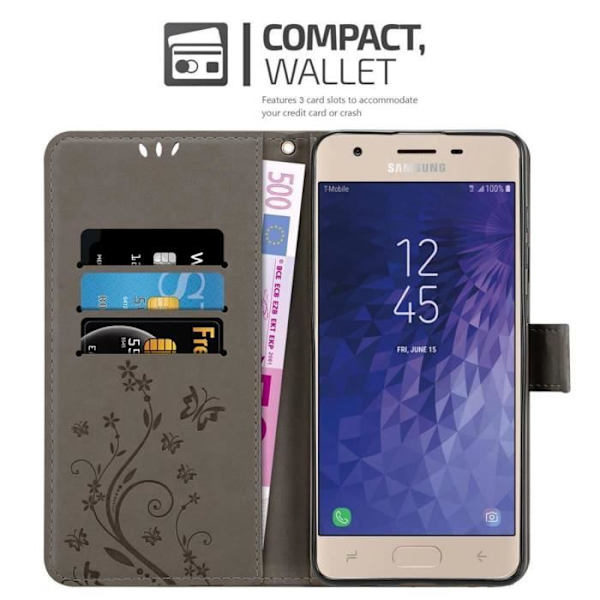 Coque - CADORABO - Samsung Galaxy J3 2018 - Similicuir - Floral - Ställfunktion Grå