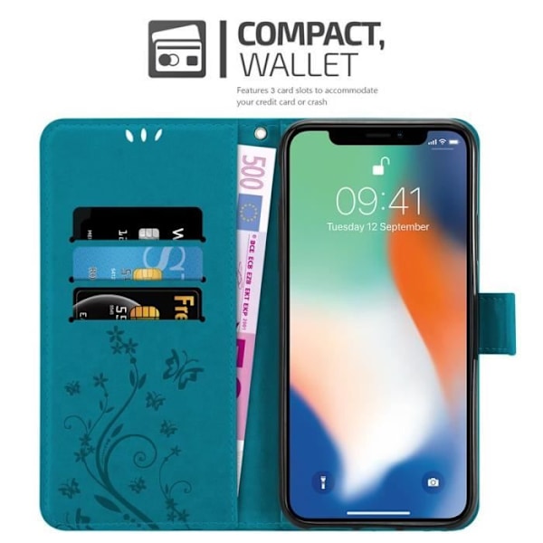 Coque - CADORABO - iPhone XS - Similläder - Blommönster - Stödfunktion Blå