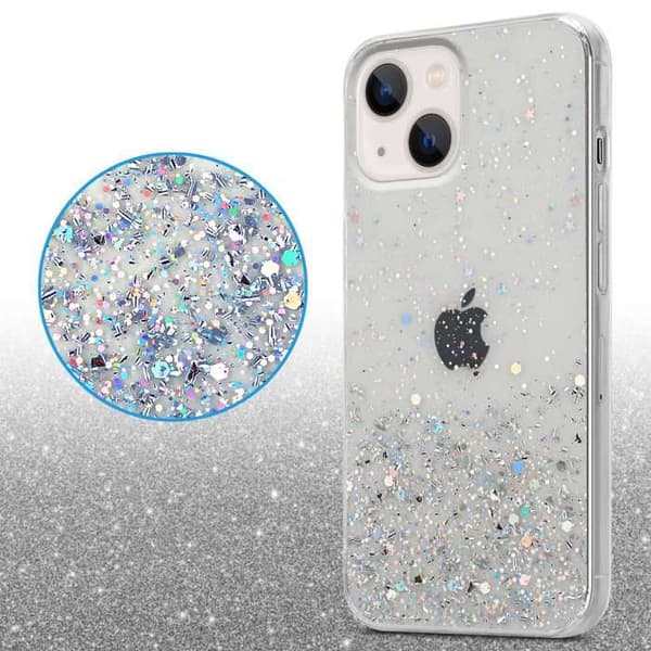 Transparent iPhone 14 PLUS-fodral med glitter, skyddande glittrande design Vit