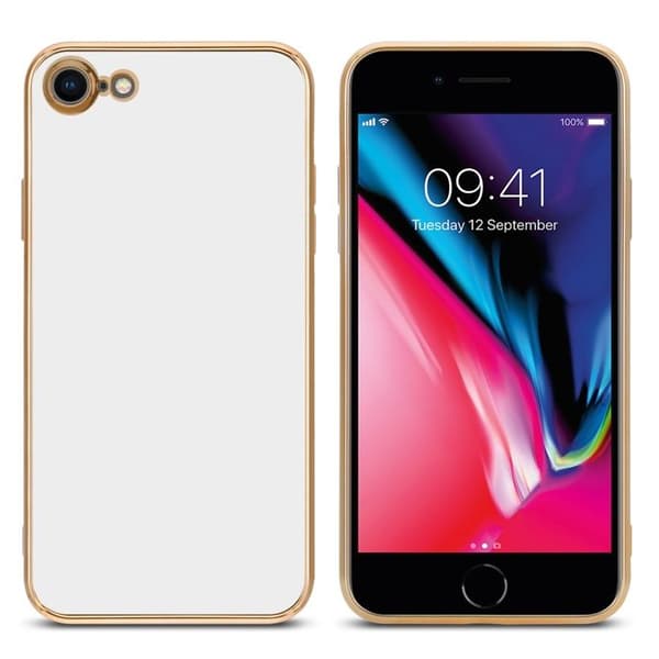 iPhone 7 / 7S / 8 / SE 2020 Glansig Vit - Guld med skydd för kamera Vit