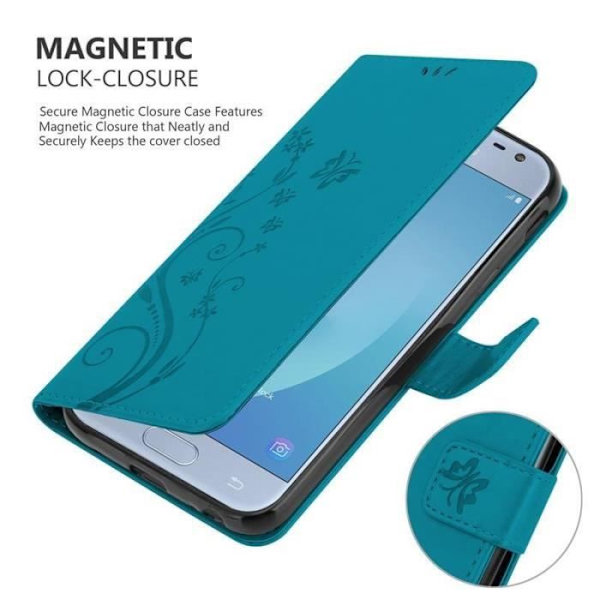 Fodral - CADORABO - Samsung Galaxy J3 2017 - Blommigt konstläder - Magnetisk stängning - Praktiskt stöd Blå