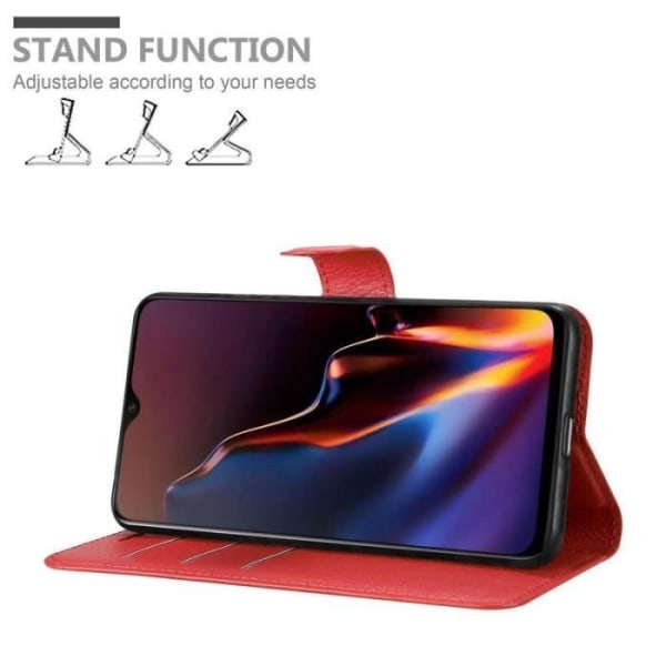 Coque - CADORABO - OnePlus 6T - Röd - Syntetiskt läder - Horisontellt stativ - 3 kortfack Röd