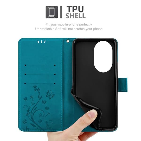 Fodral med lock för Honor 200 Pro Etui i BLÅ BLOMSTER Skydd Design Blomster Plånbok Blå