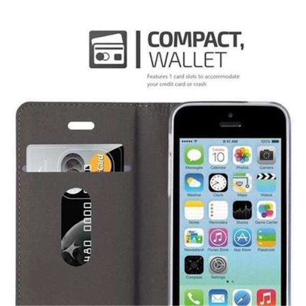 Cadorabo Apple iPhone 5C Fodral i GRÅ SVART TYG-SKINN Fodral Fodral Magnetfodral Stativ och kortplats