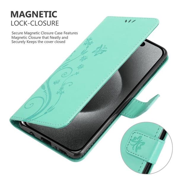 Fodral med lock för iPhone 16 PRO MAX, Turkos Blommig Design, Skyddande Plånbok Blå
