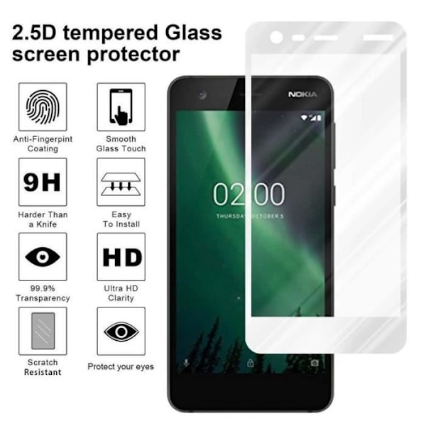 Skyddsfilm - CADORABO - Nokia 2 2017 - Härdat glas - Reptålig - 0,3 mm tjock Vit
