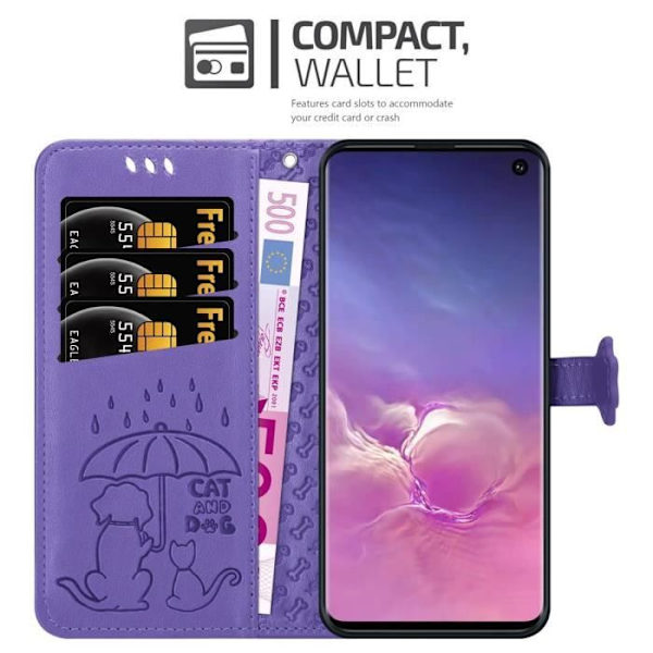 Cadorabo Fodral för Samsung Galaxy S10 4G i SHINY VIOLET Skyddsfodral Hundar Katter Motiv Stativ Funktion