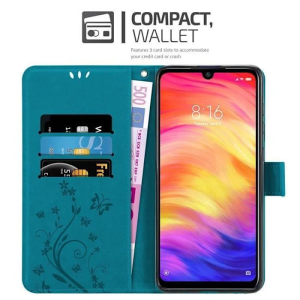 Fodral - CADORABO - Xiaomi Redmi Note 7 - Läderimitation - Blommönster - Magnetisk stängning Blå