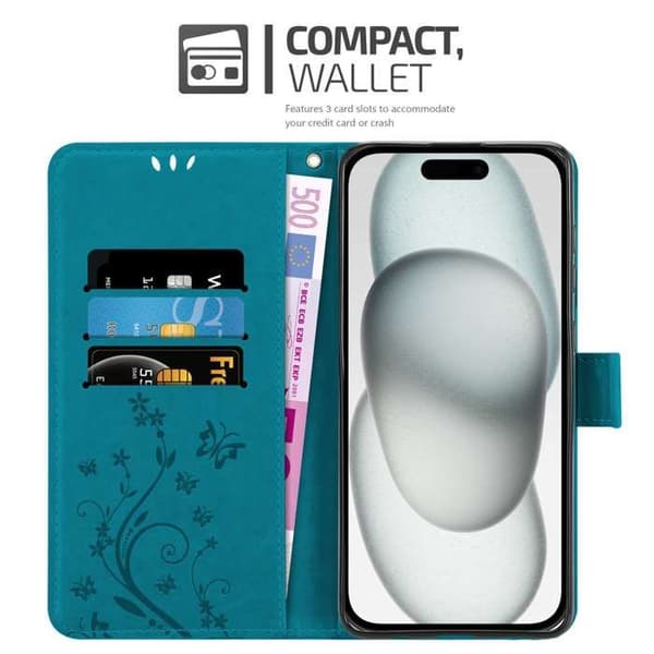 Fodral med lock för iPhone 15 PLUS Etui i BLÅ BLOMSTER Design Floral Plånbok Blå