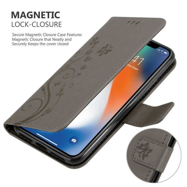 Fodral till Apple iPhone XS - CADORABO - Blommönster - Imiterat läder - Stativfunktion - 3 kortplatser Grå