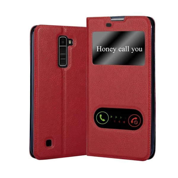 Cadorabo Fodral LG K10 2016 VIEW Två Windows Fodral Fodral Magnetlås Stöd Stativ Kortplats SAFFRAN RÖD