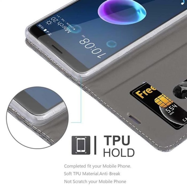Fodral - CADORABO - HTC Desire 12 - Ljusgråbrun - konstläder - Horisontellt stativ Ljus gråbrun