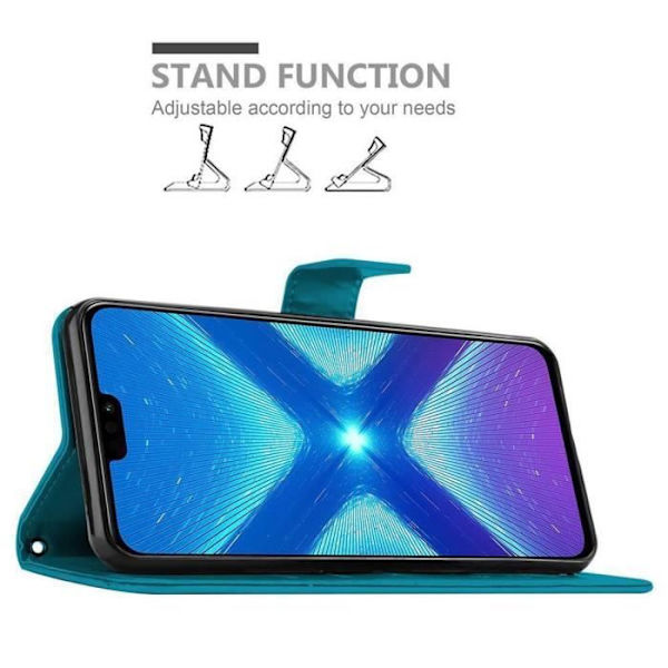 Coque Honor 8X - CADORABO - BLÅ FLORAL - Syntetiskt läder - Ställfunktion - Platser för kort BLOMMA BLÅ
