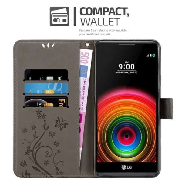 Coque för LG X POWER - CADORABO - Grå Blomma - Syntetskt Läder - Ställfunktion - Fack för Kort Blommig grå