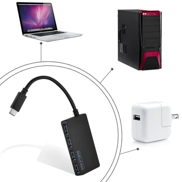 USB-hubb 4 portar USB 3.0 multi-interface Plug & Play USB-C hane till typ-C hona och ström i svart