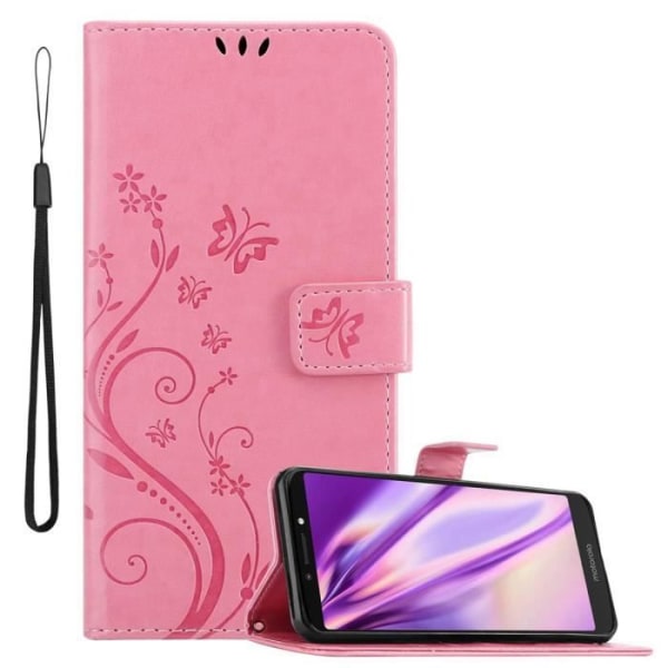 Coque - CADORABO - MOTO E5 PLUS - Simil läder - Blommig - Ställfunktion och plats för kort Rosa blommig