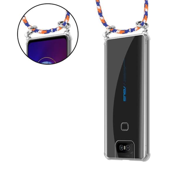 Fodral för Asus ZenFone 6 med axelrem i ORANGE BLÅ VIT med justerbar snodd Blå