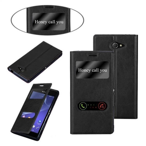 Cadorabo Fodral för Sony Xperia M2 - M2 Aqua i COMET BLACK – Skyddsfodral med horisontellt stativ och två fönster – View Case