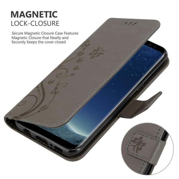 Fodral med lock för Samsung Galaxy S8, Grå Blommig Design, Plånboksfodral Grå