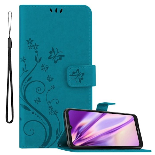 Coque för Nokia C21 Housse i BLÅA BLOMMOR Etui Fodral Skydd Blommigt Plånbok Wallet Blå