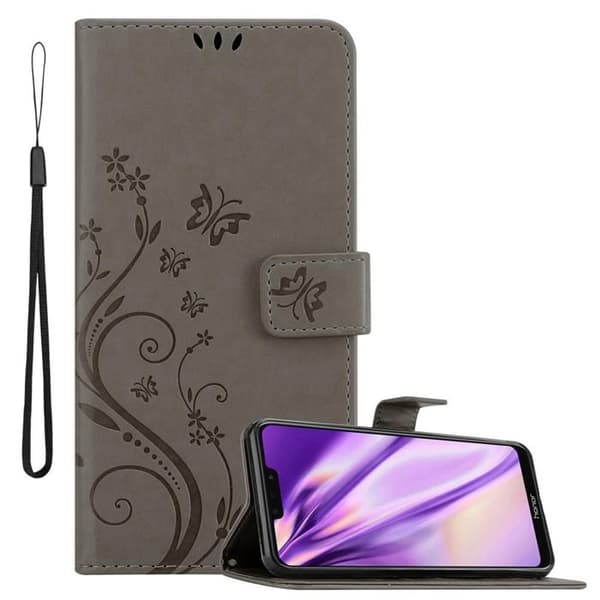 Fodral med lock för Honor 8C, Grå Blommig Design, Plånboksfodral Grå