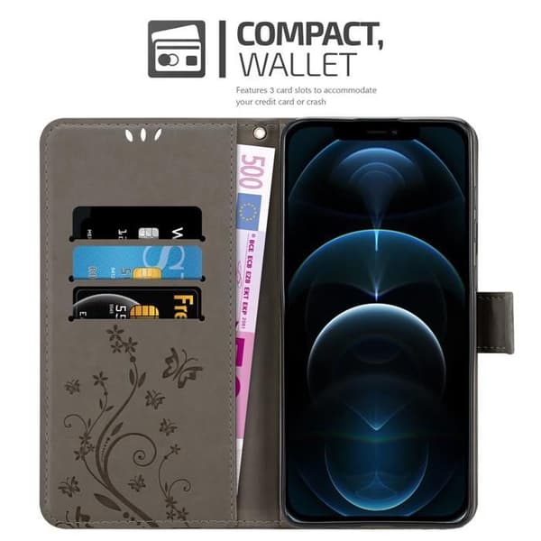 Fodral med lock för iPhone 12 / 12 PRO Etui i GRÅ BLOMMÖNSTER Skydd Design Blommig Plånbok Grå