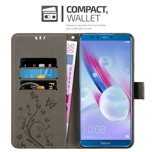Coque Honor 9 LITE - CADORABO - Grå Blommig - Syntetläder - Ställfunktion - Fack för Kort Blommig grå