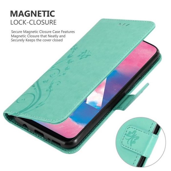 Fodral till Samsung Galaxy M30 - CADORABO - Blommönster - Imiterat läder - Stativfunktion - 3 kortplatser Grön