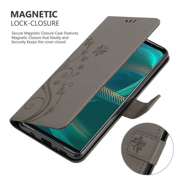 Fodral med lock för Sony Xperia 5 III Etui i GRÅ BLOMMÖNSTER Skydd Design Blommig Plånbok Grå