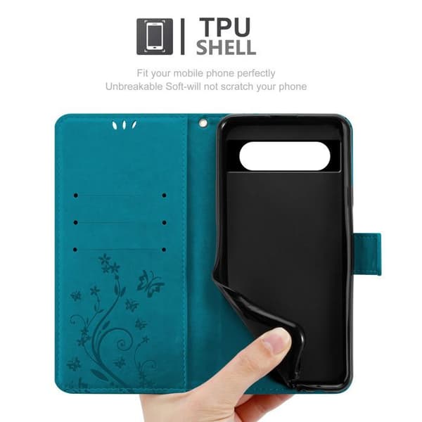 Fodral med lock för Google Pixel 8A Etui i BLÅ BLOMSTER Design Floral Plånboksskydd Blå