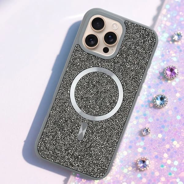 iPhone 16 PRO MAX-fodral i GRÅ, stöttålig, Magsafe-kompatibel, med diamantglitter Grå