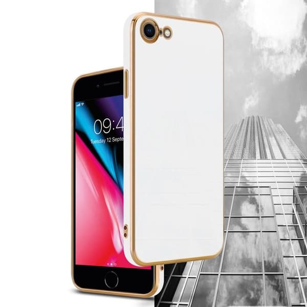 iPhone 7 / 7S / 8 / SE 2020 Glansig Vit - Guld med skydd för kamera Vit
