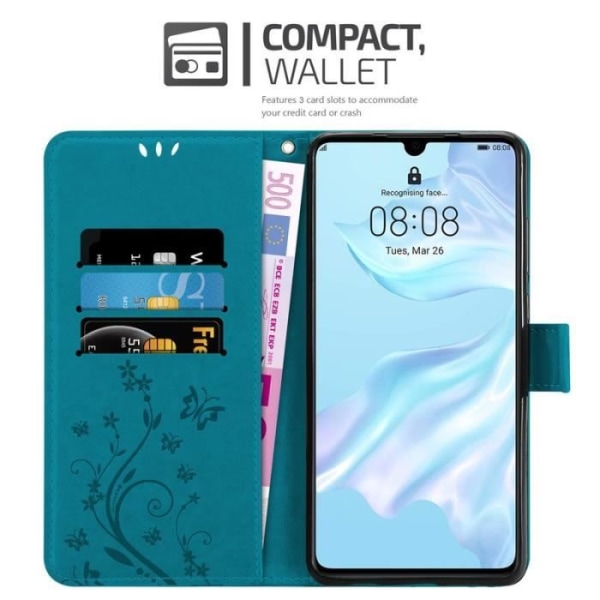 Fodral till Huawei P30 - CADORABO - Blommönster - Imiterat läder - Stativfunktion - 3 kortplatser Blå