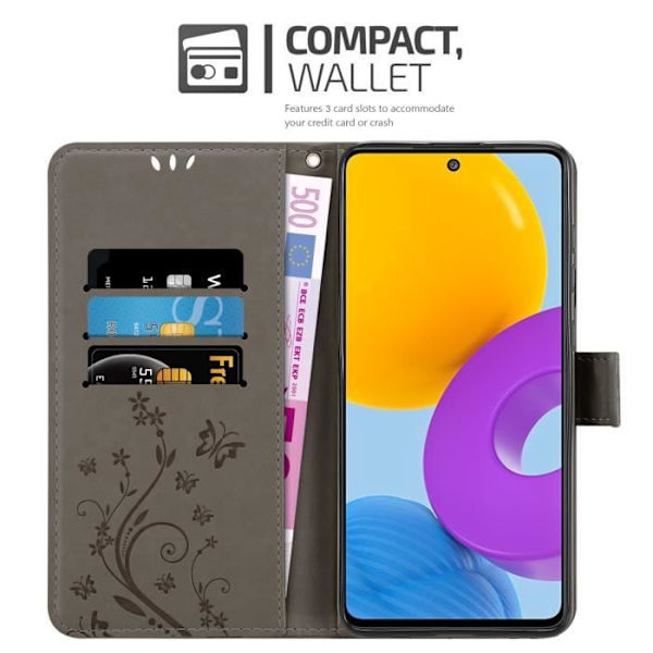 Fodral - CADORABO - Samsung Galaxy M52 5G - Imiterat läder - Blommigt - Stativfunktion BLOMMIG GRÅ