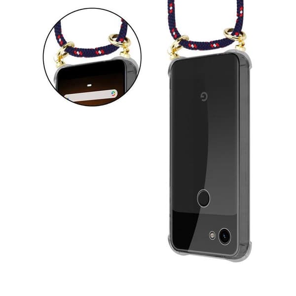Fodral för Google PIXEL 3A med axelrem i BLÅ RÖD VIT PRICKIG med justerbar snodd Blå