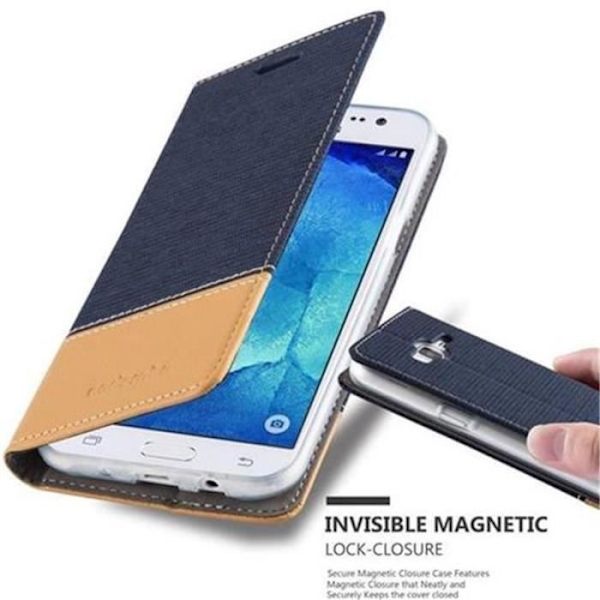 Cadorabo-fodral för Samsung Galaxy J5 2015 MÖRKBLÅ BRUNT TYG-IMATISKT LÄDER Magnetiskt fodralhölje stöder kortplats för stativ