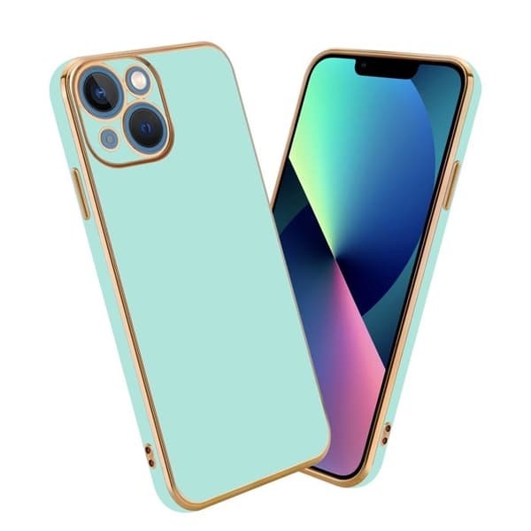 iPhone 14 PLUS Fodral Glansig Mintgrön - Guld med skydd för kamera Grön