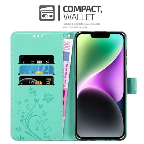 Fodral med lock för iPhone 14 PLUS Turquoise Blommig Design Skydd Plånbok Blå