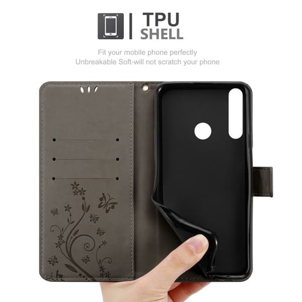 Fodral med lock för Huawei Y6P Etui i GRÅTT BLOMMÖNSTER Skydd Design Blommig Plånbok Grå