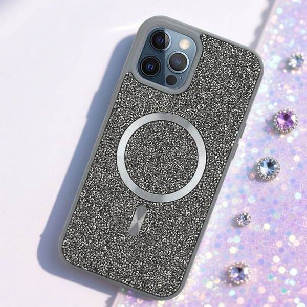 iPhone 12 / 12 PRO skal i GRÅ Stöttålig Magsafe-kompatibel med diamantglitter Grå