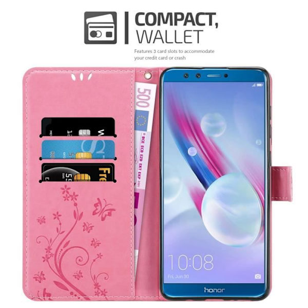 Coque Honor 9 LITE - CADORABO - Rosafloral - Syntetiskt läder - Ställfunktion - Platser för kort Rosa blommig