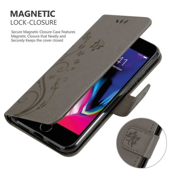 Fodral till iPhone 7/7S/8 - CADORABO - Blommönster - Imiterat läder - Stativfunktion - 3 kortplatser Grå