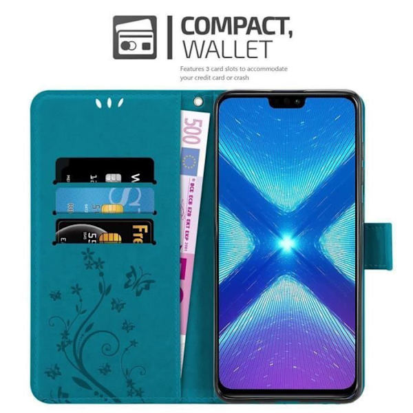Coque Honor 8X - CADORABO - BLÅ FLORAL - Syntetiskt läder - Ställfunktion - Platser för kort BLOMMA BLÅ