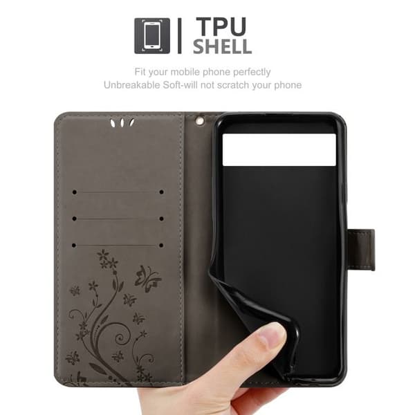Fodral med lock för Google PIXEL 6 Etui i GRÅ BLOMMÖNSTER Skydd Design Blommig Plånbok Grå