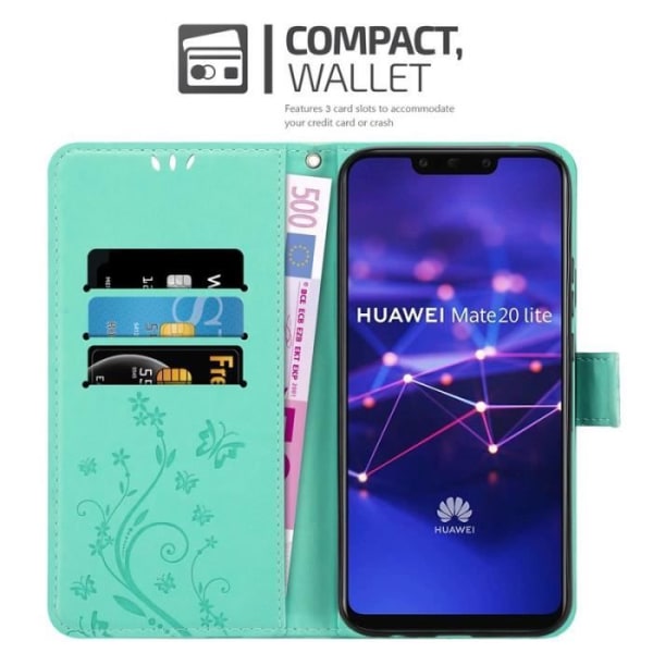 Fodral till Huawei MATE 20 LITE - CADORABO - Blommönster - Imiterat läder - Stativfunktion - 3 kortplatser Grön