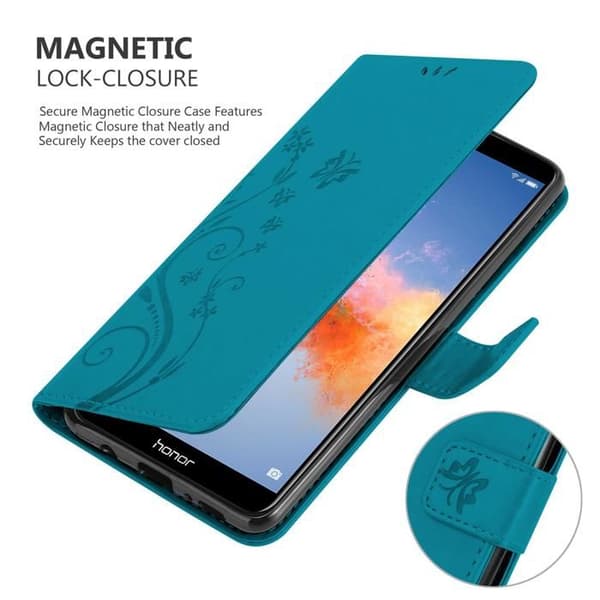 Fodral med lock för Honor 7X Etui i BLÅ BLOMSTERMÖNSTER Skyddande Blommönster Plånbok Blå
