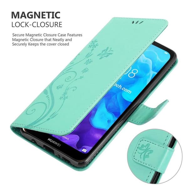 Fodral med lock för Huawei Y6 PRO 2019, Turkos Blommönster, Skyddande Design, Plånbok Blå